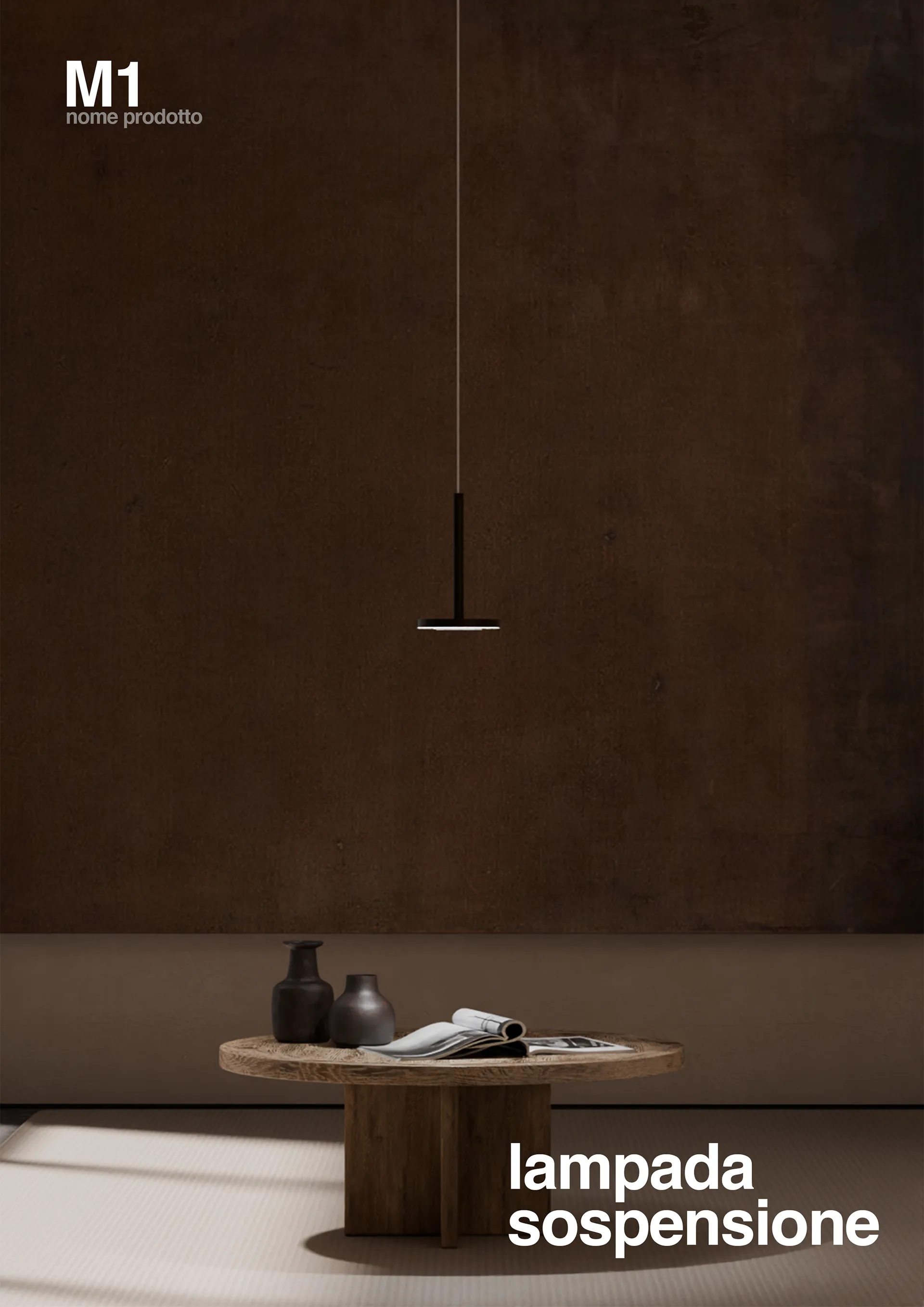 Render della lampada a sospensione M1 sopra un tavolino basso, parete in resina scura
