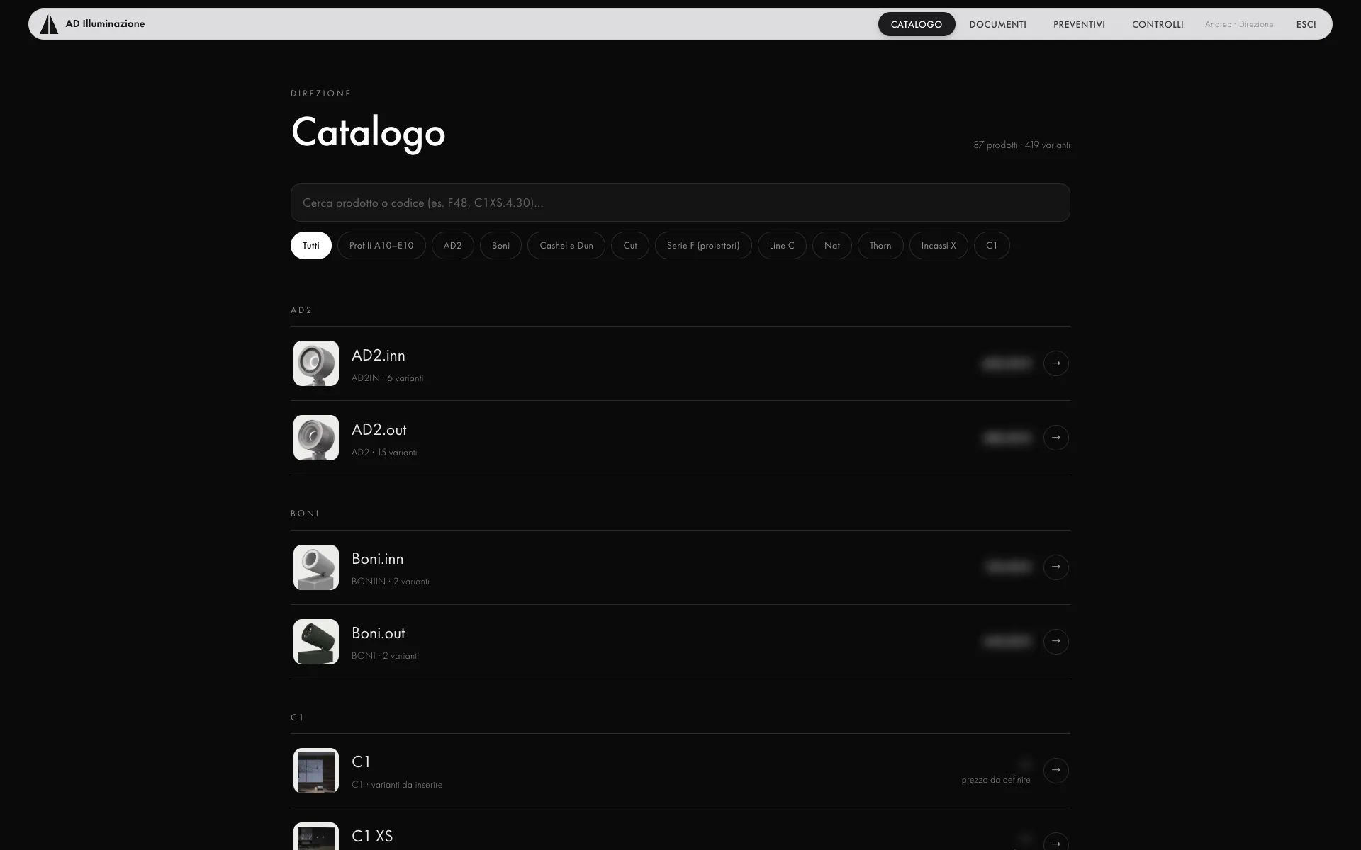 Il catalogo dell’app: ricerca per prodotto o codice, famiglie a pillola, elenco con foto, numero di varianti e prezzo di partenza