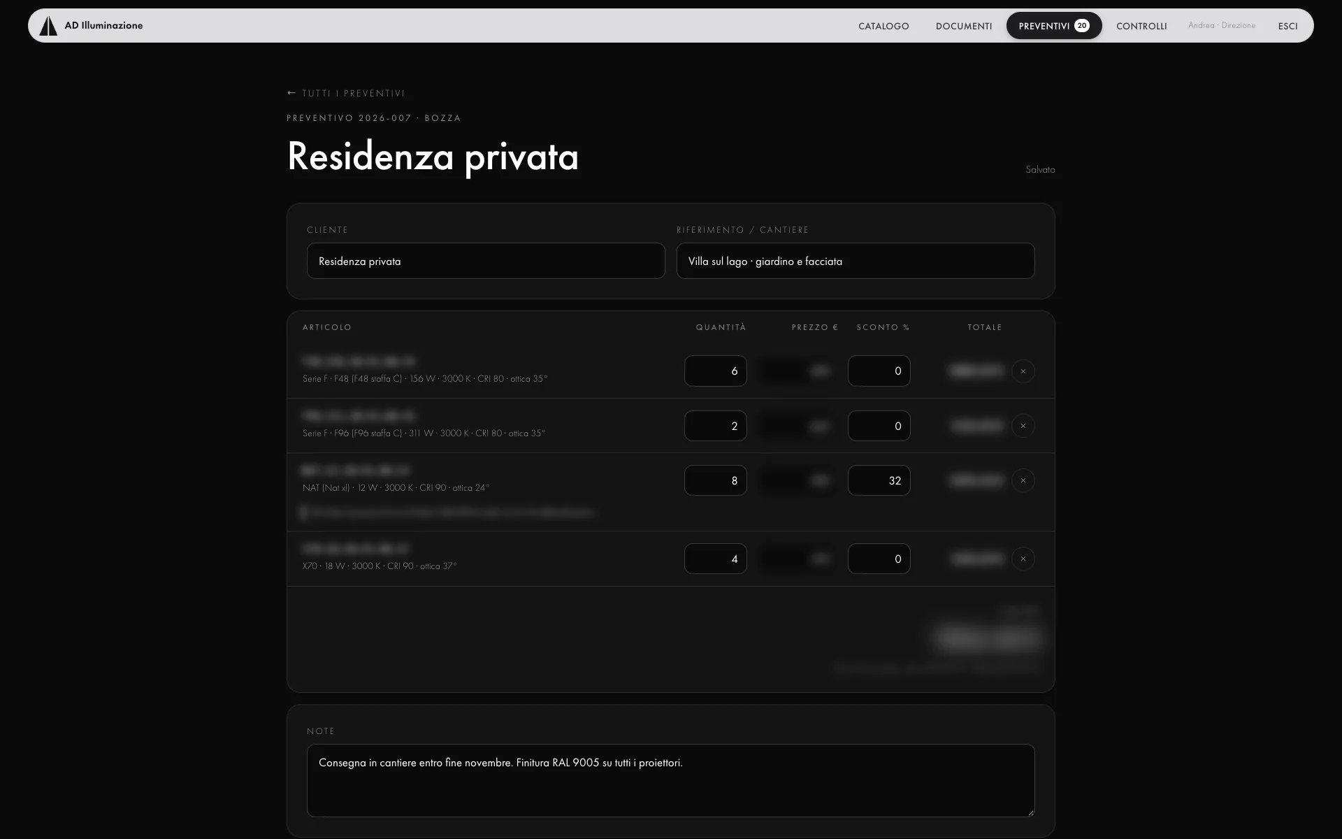 Un preventivo in bozza: quattro articoli con quantità, prezzo e sconto, avviso di sconto sotto il minimo e totale con IVA