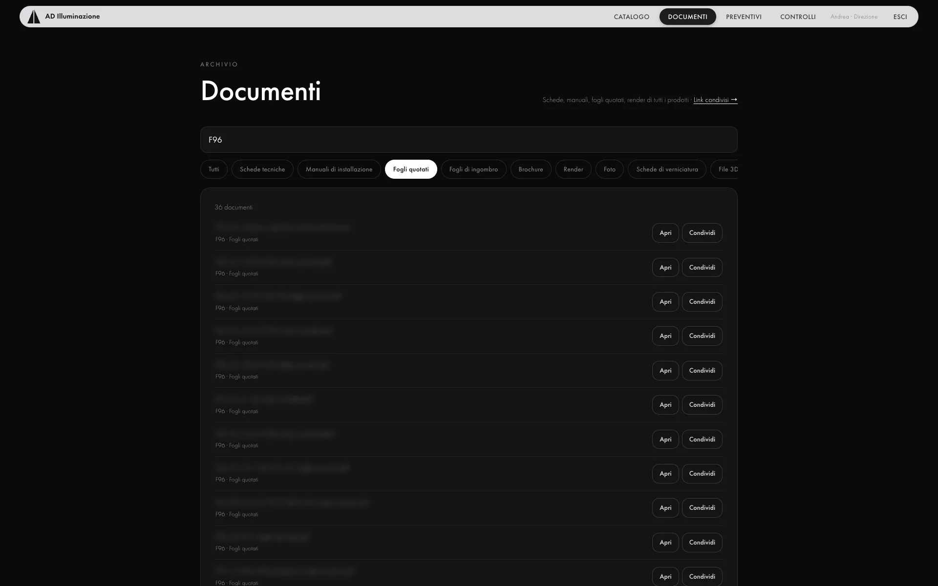 L’archivio documenti: ricerca dei fogli quotati del proiettore F96, con i tasti Apri e Condividi