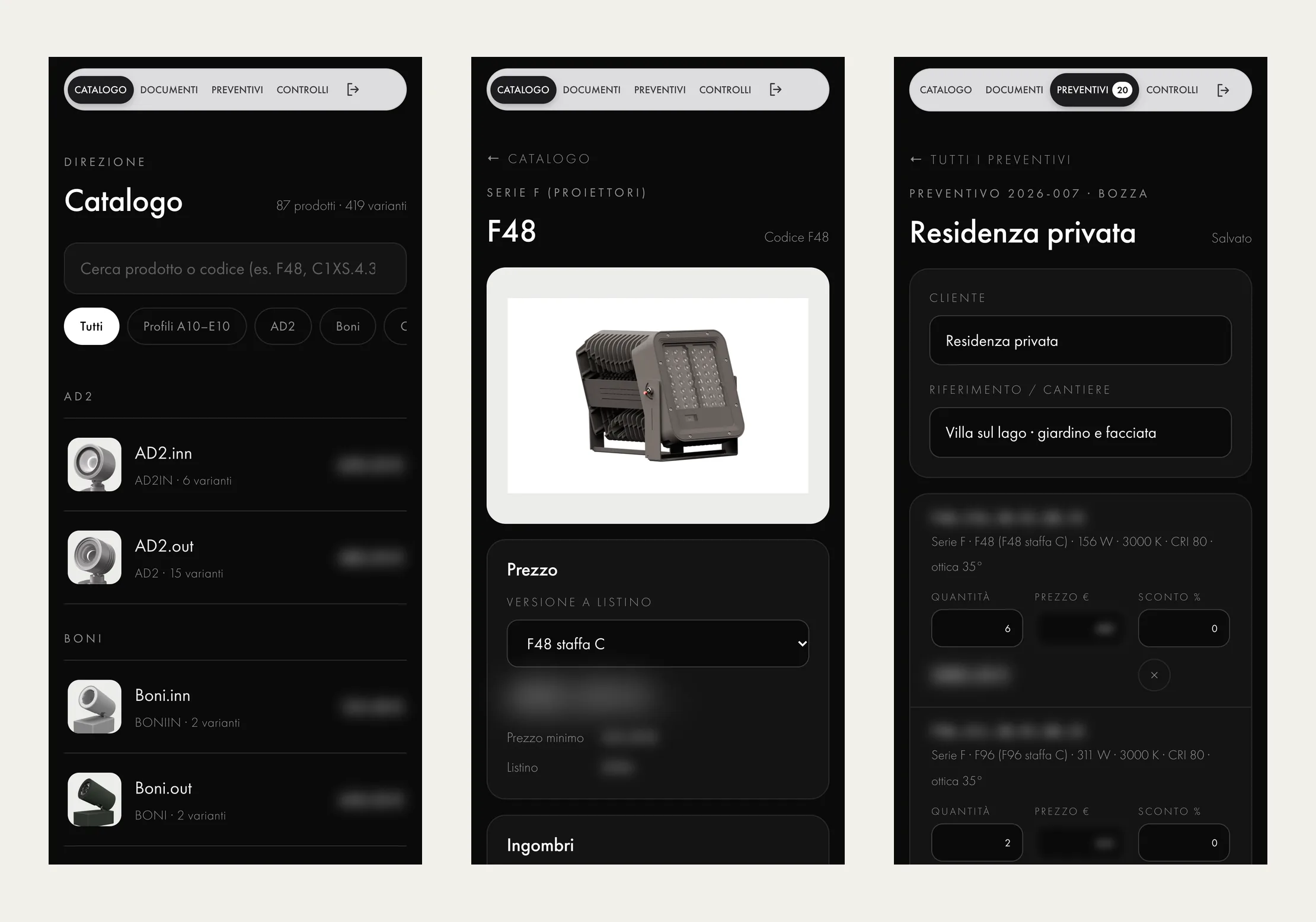 Tre schermate da telefono dell’app: catalogo, scheda del proiettore F48 e preventivo in corso