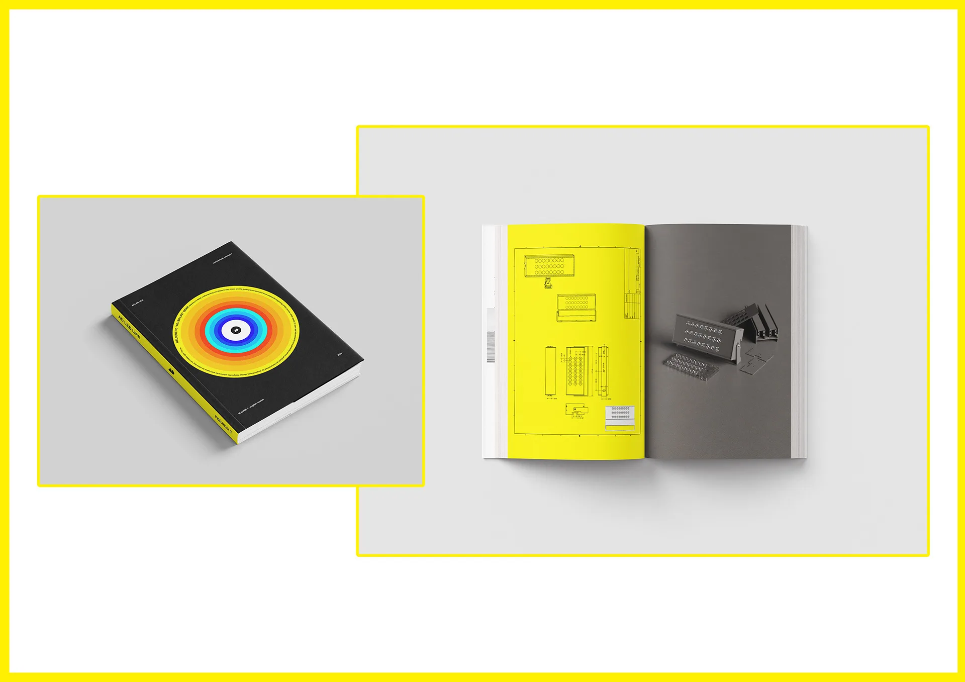 Mockup del catalogo AD LED LIFE: copertina con il bersaglio concentrico a colori e pagine interne aperte