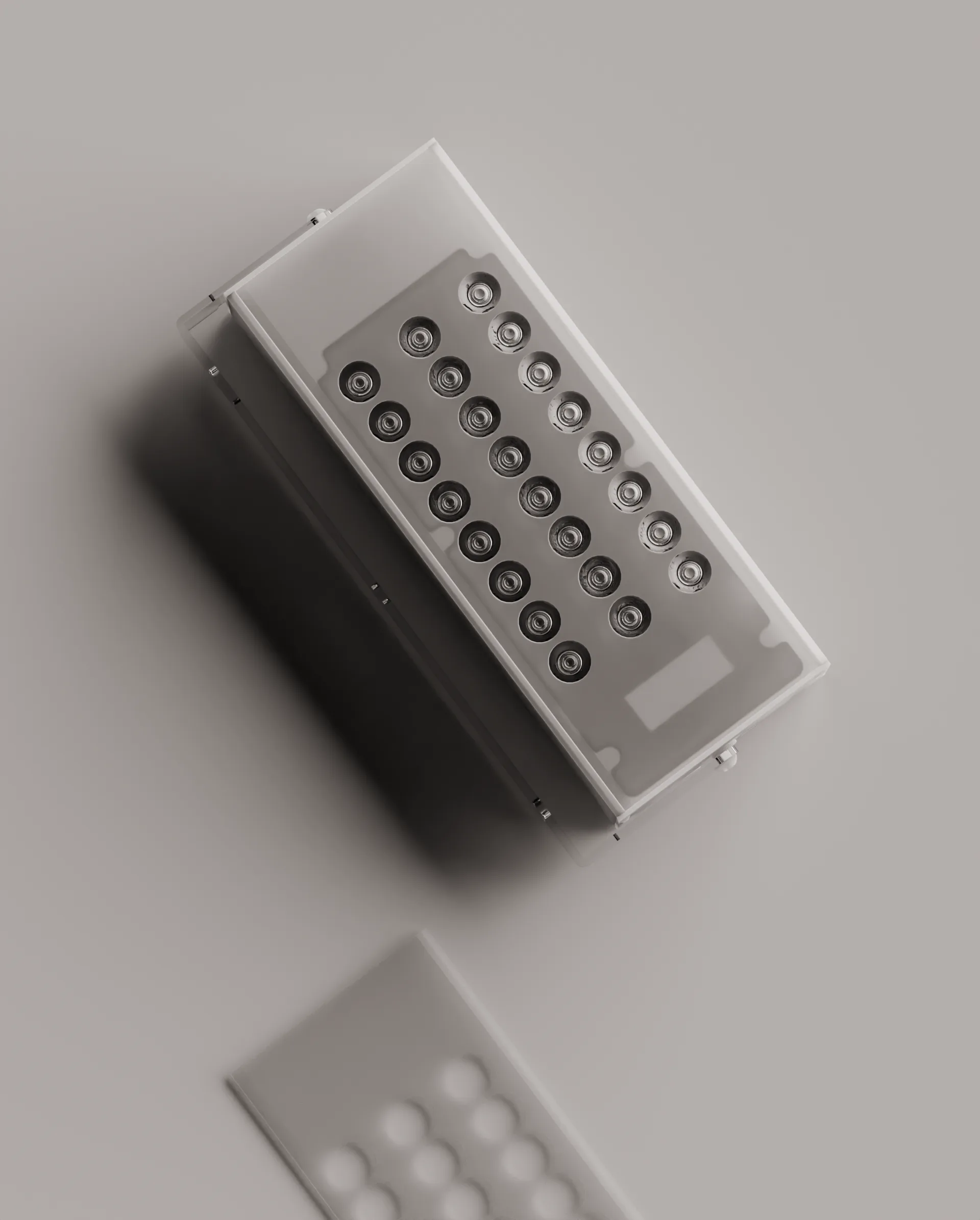 Render del proiettore LED Serie F visto dall’alto, corpo estruso in alluminio chiaro