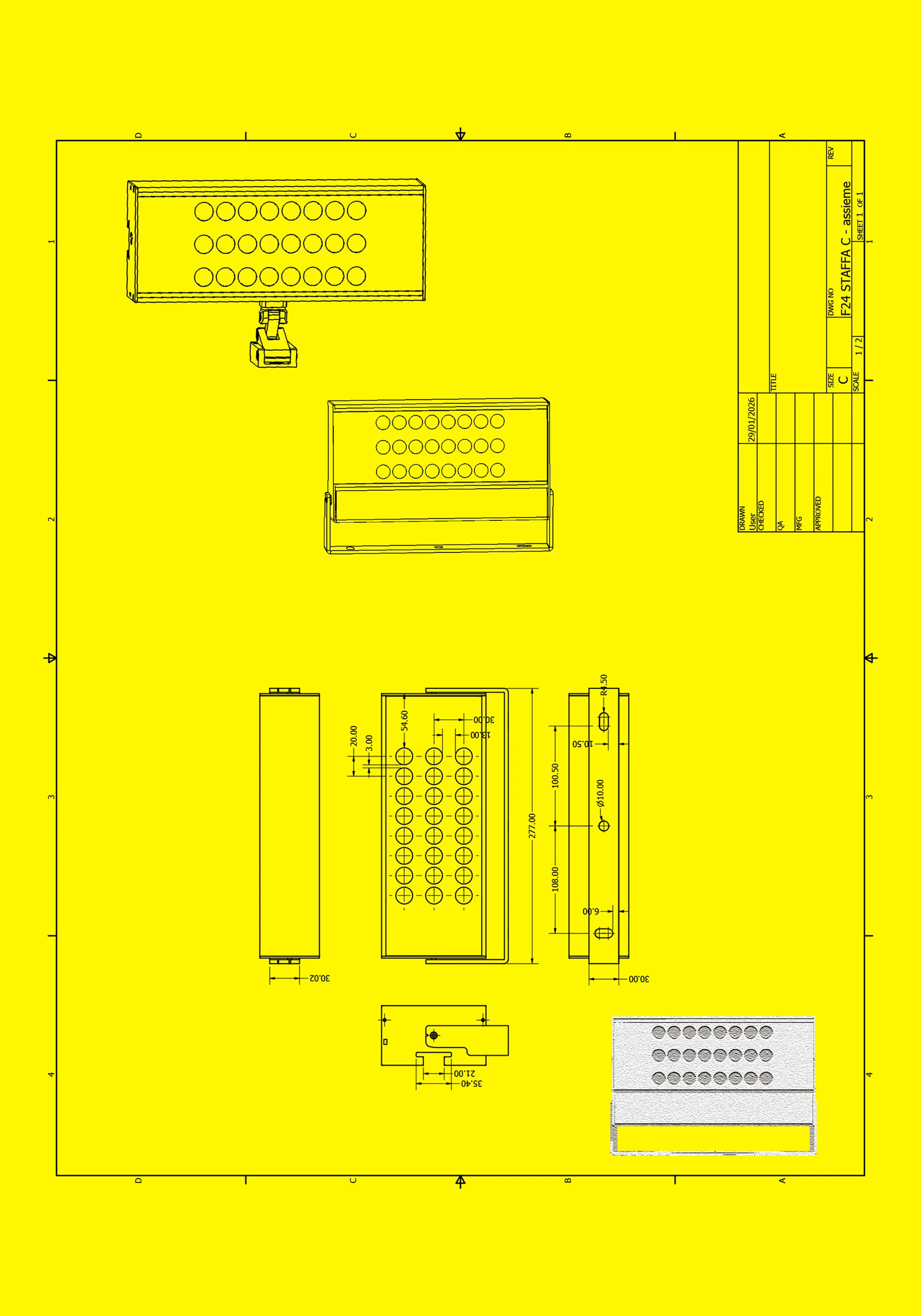 Tavola tecnica quotata del proiettore stampata su fondo giallo