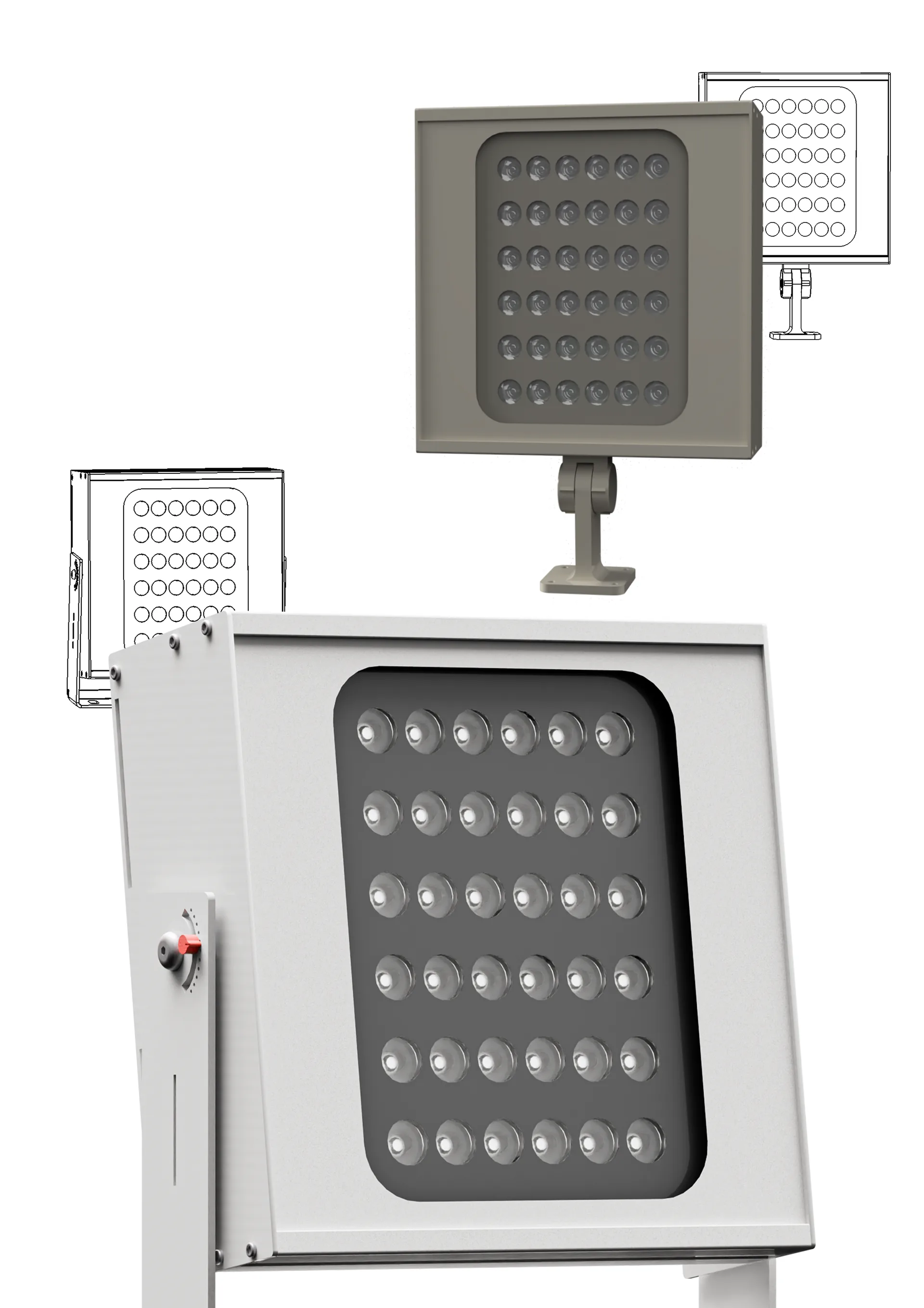 Render del proiettore F8 a ottiche multiple accanto alla sua vista tecnica