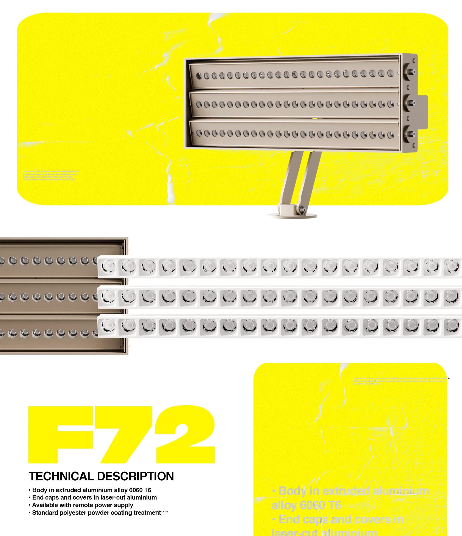 Doppia pagina del modello F72: render del proiettore lineare e descrizione tecnica su fondo giallo