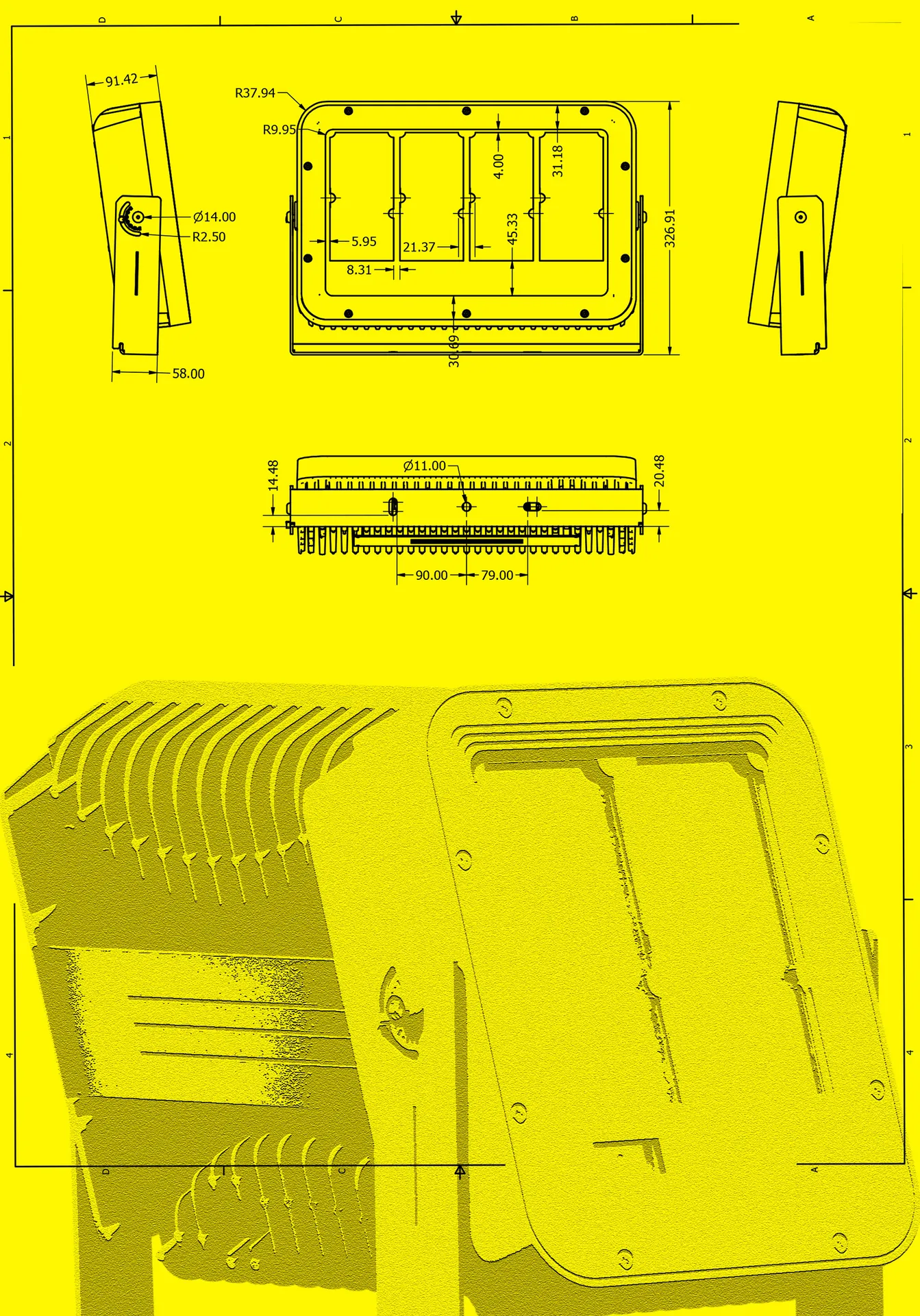 Tavola quotata su fondo giallo con viste, sezioni e ingombri del proiettore