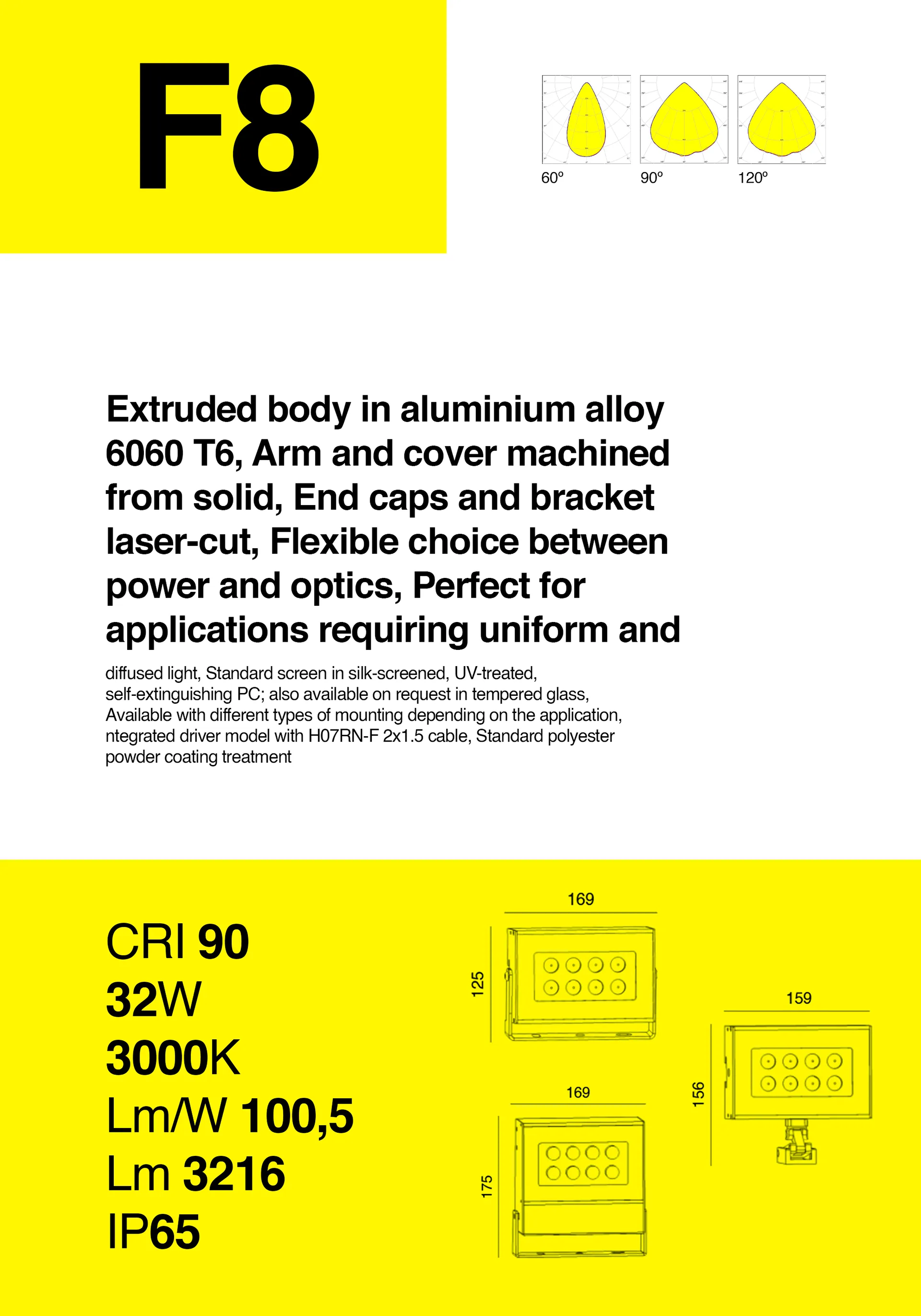 Scheda prodotto F8 con i dati fotometrici: CRI 90, 32 W, 3000 K, 100,5 lm/W, IP65