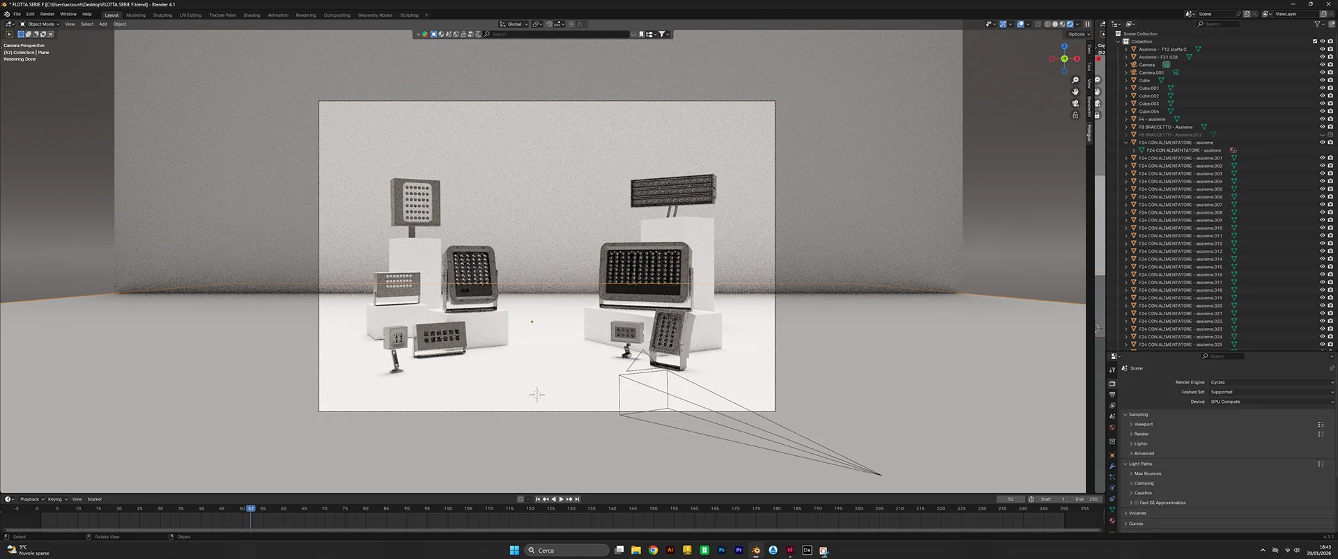 Schermata di lavoro: la stessa scena 3D con materiali, texture e luci applicate