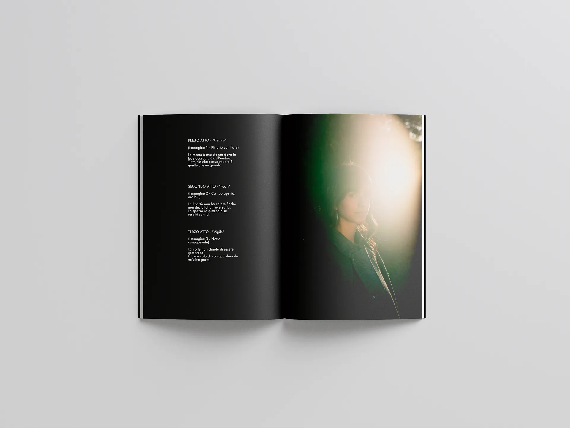 Doppia pagina del book fotografico: ritratto in controluce su fondo nero