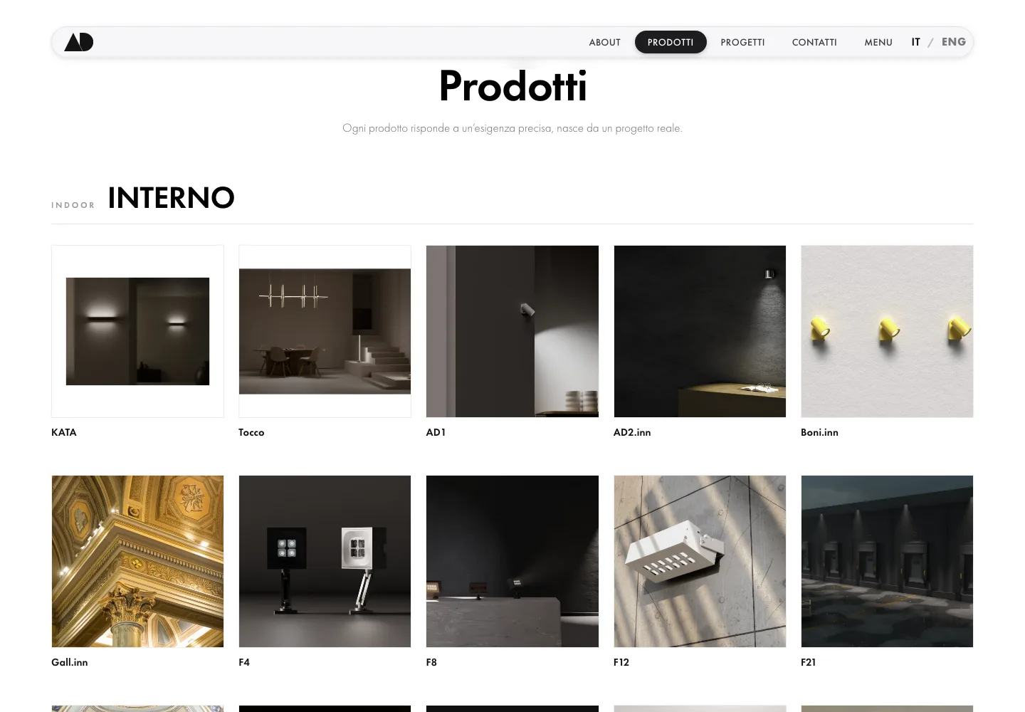 La pagina Prodotti: griglia editoriale di foto quadrate ordinate per tipo di installazione