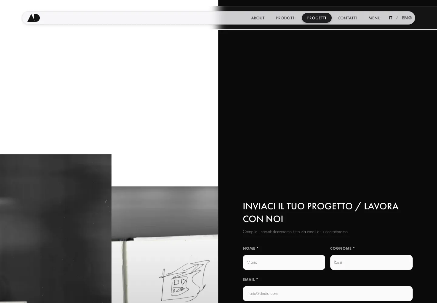 La pagina Progetti: modulo scuro “Costruiamo il tuo progetto” accanto agli schizzi a matita